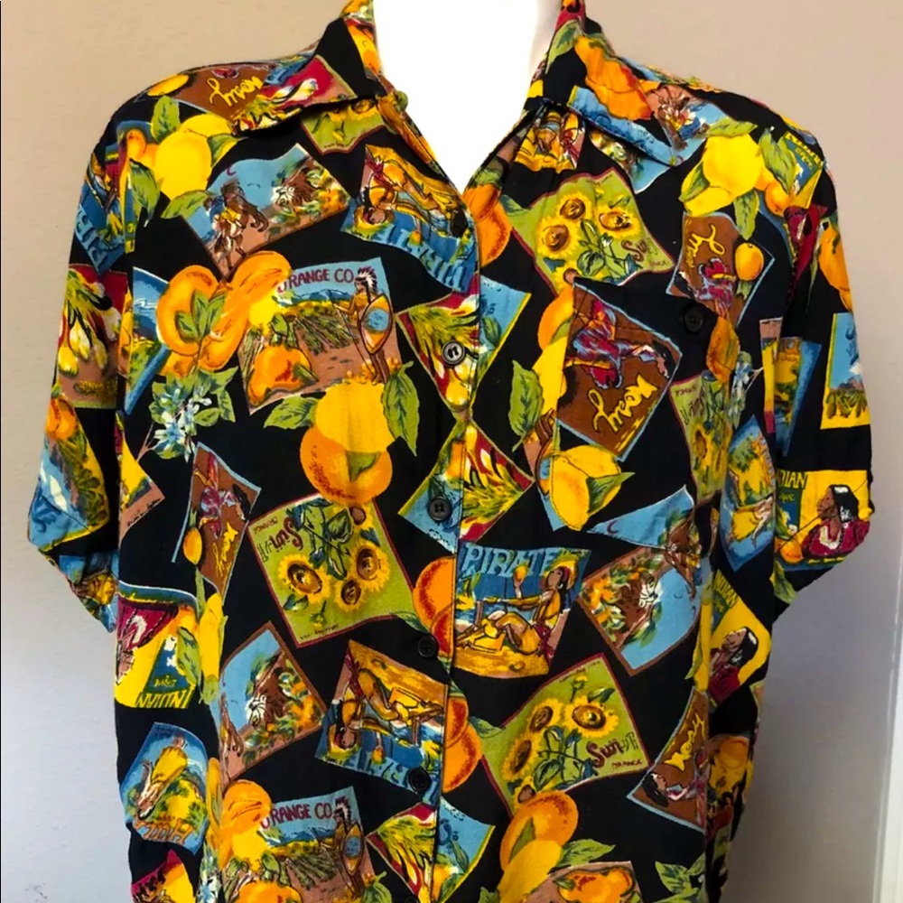 Hawaiian Shirt By TRIBES for Her Rayon Button Shirt Up Vibrant Colorful